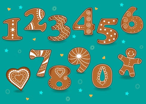 Ginger Cookies Numbers. Brown Symbols with white cream decor. Heart and Man. Illustration