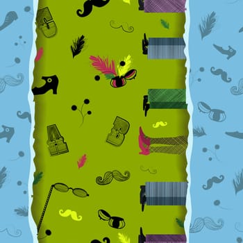 Set of Vintage Items. Retro Seamless Pattern. Colorful boots, feet, yeglasses, mustaches with green background. Effect of paper ragged edge. Illustration.