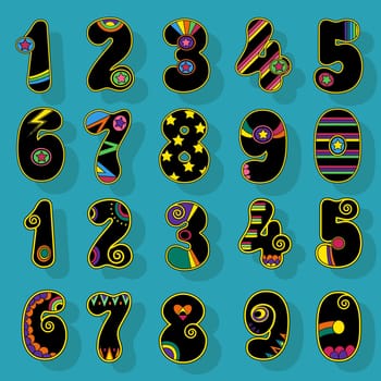 Numbers Set. Black Signs with Colorful Decor. Superhero and Disco Style. Illustration