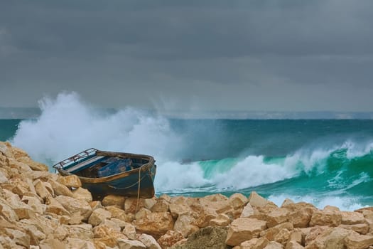 Boat on the Stony Shore of Black Sea in Varna, Bulgaria