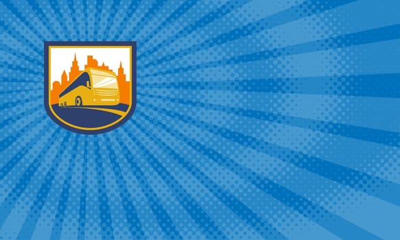 Business card showing Illustration of a tourist coach bus shuttle viewed from low angle with city buildings in background set inside shield crest done in retro style.....