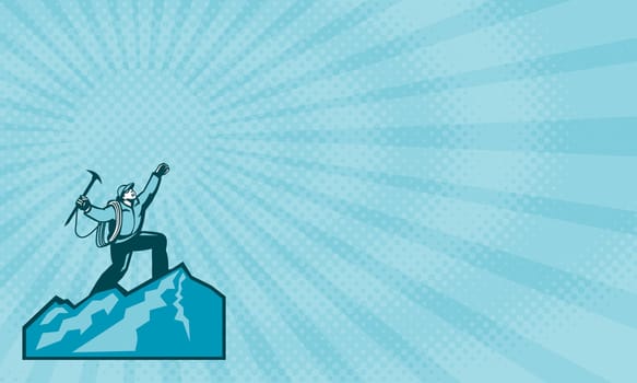 Business card showing Illustration of mountain climber climbing reaching the summit celebrating holding ice axe done in retro woodcut style.....