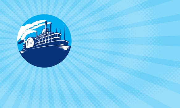 Business card showing Illustration of steamboat ferry passenger ship vessel sailing set inside circle done in retro style...,business card,template,poster.,sunburst,half-tone dots, halftone