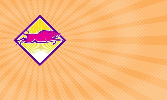 Business card showing Illustration of a wild pig boar razorback jumping done in retro style set inside diamond shape.....