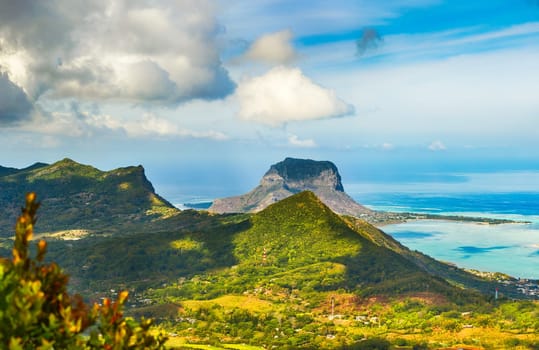 View from the viewpoint. Le Morne Brabant on background. Mauritius. Panorama