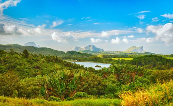 View of a lake and mountains. Mauritius island. Panorama