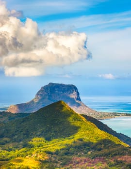 View from the viewpoint. Le Morne Brabant on background. Mauritius.
