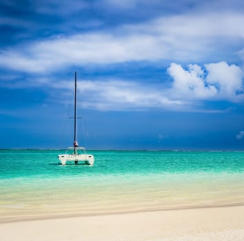 Boat in a sea at day time. Mauritius