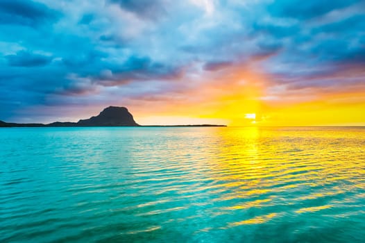 Amazing view of Le Morne Brabant at sunset. Mauritius island.