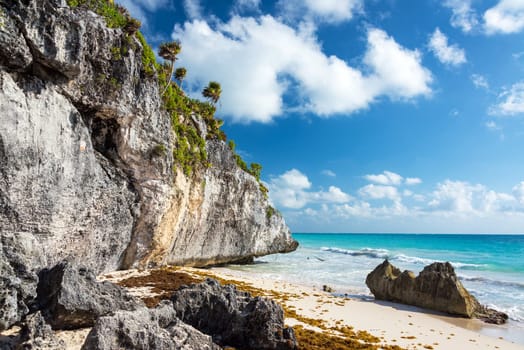 Tropical beach next to the ruins in Tulum, Mexico