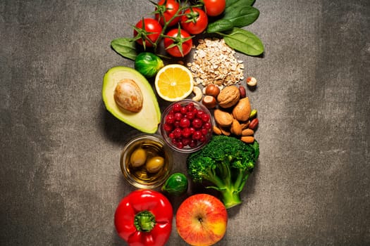Selection of healthy food with vegetable and fruits. Healthy diet foods for heart, cholesterol and diabetes.