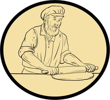 Drawing sketch style illustration of a  baker chef cook in medieval times holding rolling pin rolling on dough viewed from front set inside oval shape with on isolated background.