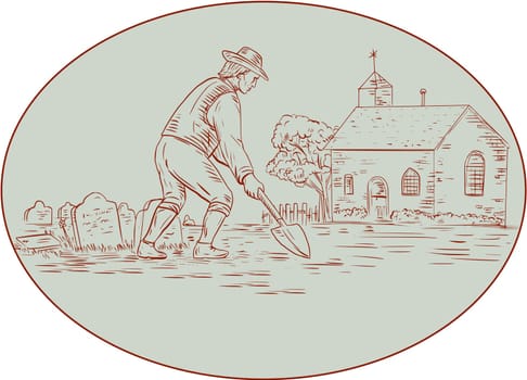 Drawing sketch style illustration of a grave digger in the medieval times holding shovel digging viewed from the side set inside oval shape with church, tombstone and tree in the background.