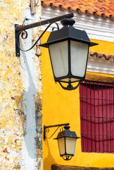 Closeup of colonial street lights in Mompox, Colombia