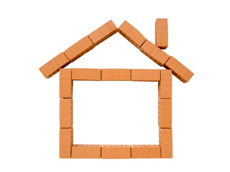 Indicated house made of toy bricks on white background