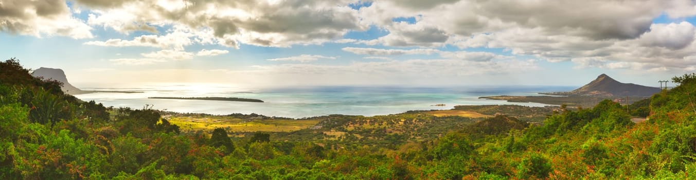 View from the viewpoint. Le Morne Brabant on background. Mauritius. Panorama