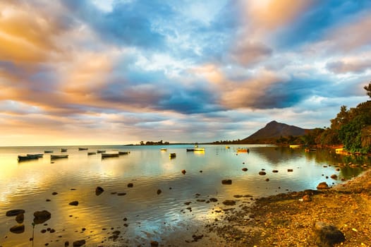 Boats at sunset time. Mauritius