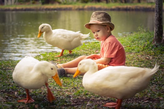 Boy and geese near lake. Mauritius