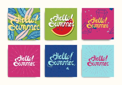 Hello Summer inscription posters, stiker set. Bright colorful trendy fashion background. Vector illustration with leaves, sunshine, fruit in pink, blue, yellow, green color