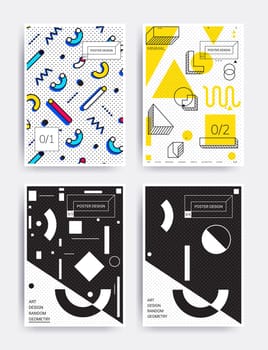 Design posters set. Bright vector illustrations with geometric elements, memphis figure for interior, website banner template, social media, email, print, ads, promotional material