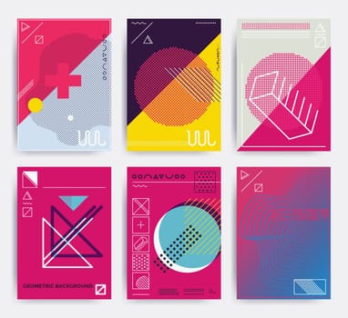 Design posters set. Bright vector illustrations with geometric elements, memphis figure for interior, website banner template, social media, email, print, ads, promotional material