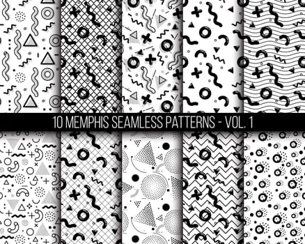 10 universal different geometric memphis seamless patterns. Black and white bright doodle endless vector texture can be used for wrapping wallpaper, pattern fills, clothes, wallpapers, surface textures