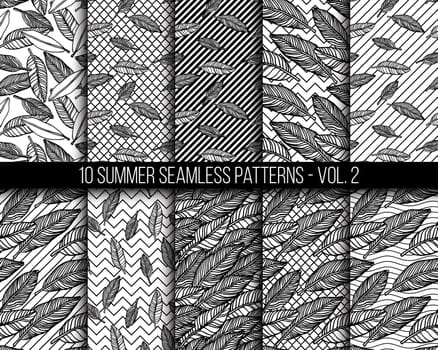 Simple seamless tropical jungle floral background set hand-drawing doodle leaves, diagonal striped texture. Summer pattern for your clothes, typography, design in classic 1990, 1980s
