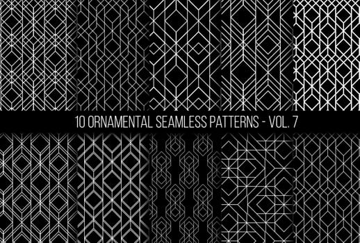 10 universal different geometric seamless patterns. Endless vector texture can be used for wrapping wallpaper, clothes, wallpapers, web page backgrounds, surface textures. Monochrome ornaments set