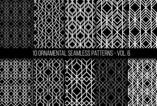 10 universal different geometric seamless patterns. Endless vector texture can be used for wrapping wallpaper, clothes, wallpapers, web page backgrounds, surface textures. Monochrome ornaments set