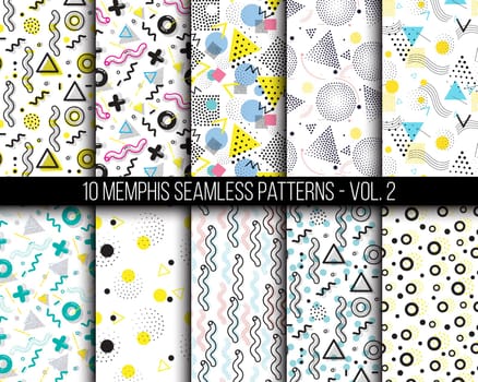 10 universal different geometric memphis seamless patterns. Colorful bright doodle endless vector texture can be used for wrapping wallpaper, pattern fills, clothes, wallpapers, surface textures
