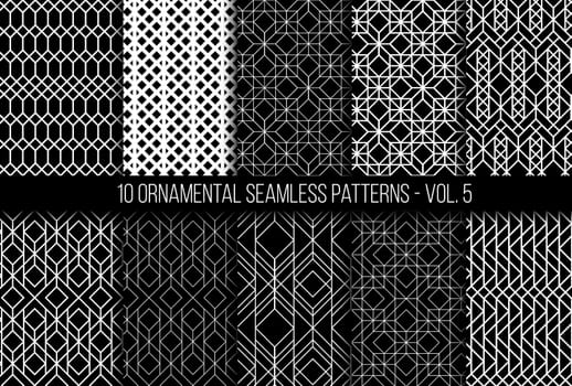 10 universal different geometric seamless patterns. Endless vector texture can be used for wrapping wallpaper, clothes, wallpapers, web page backgrounds, surface textures. Monochrome ornaments set