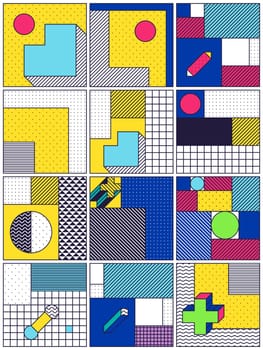Big Collection with trendy backgrounds for your project, animation, advertisement, commercial banner, flyer, sale, frame. Simple poster, patches, badges in mix neo memphis, pop art style