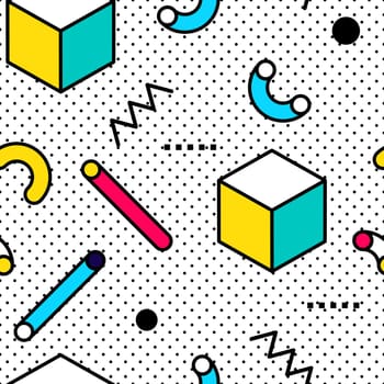Seamless pattern in Memphis style with colorful geometric elements