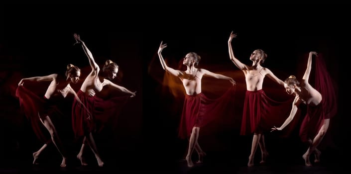 The sensual and emotional dance of beautiful ballerina. Photography technique with strobe