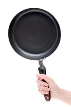 Hand holding frying pan isolated on a white background