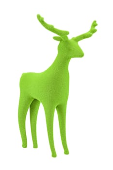 A green velvet reindeer against a white background