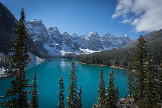 Beautiful Moraine Lake in Banff National Park with light dusting of snow. Valley of the Ten Peaks, Canadian Rocky Mountains, Alberta, Canada