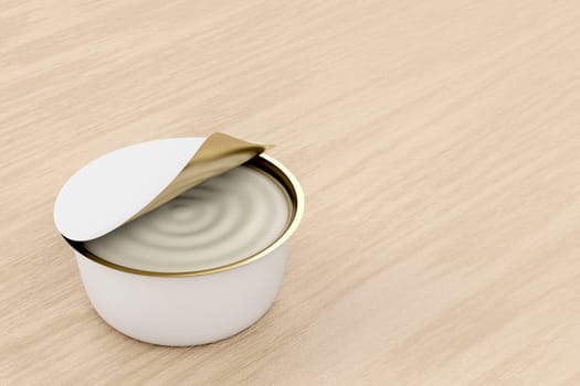 Can with cream cheese, butter or other food on wood background