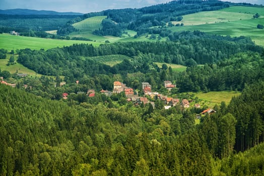 aerial view of town in the mountain