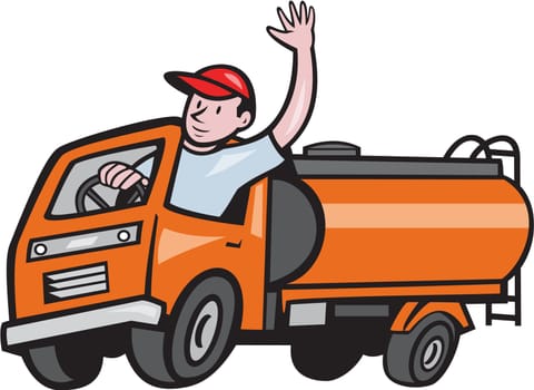 Illustration of a four 4 Wheeler tanker truck petrol tanker with driver waving hello on isolated white background done in cartoon style.