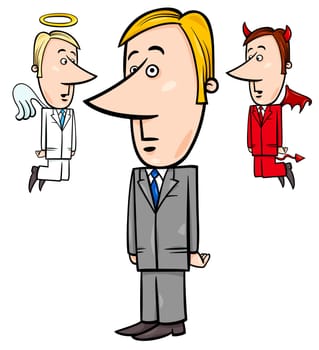 Concept Cartoon Illustration of Businessman with Angel and Devil Whispering in his Ear