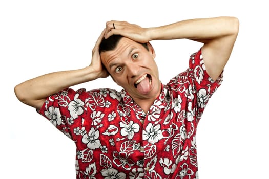 young silly man portrait in a white background