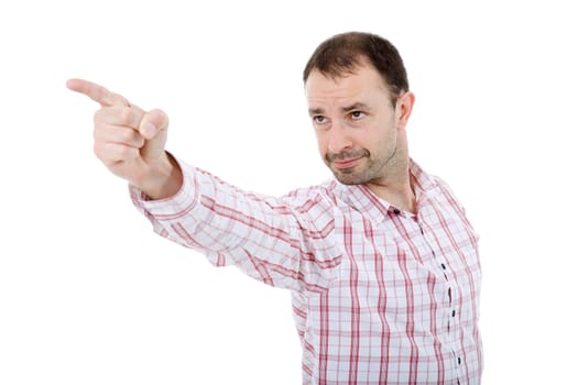 young casuak man full body pointing, isolated on white