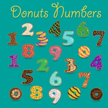 Sweet Donuts Numbers. Colorful Numerals with cream and nuts decor. Illustration