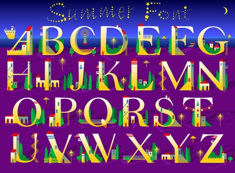Summer Numerals. Signs are as white and yellow houses with red roofs, doors, windows and stairs. Purple and blue background is as sea and beach. Text by stars in the sky. Illustration