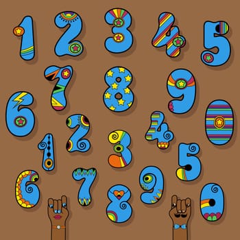 Set of Vintage Numerals. Blue signs with bright yellow and orange decor. Superhero and Disco Style. Cartoon Hands. Illustration