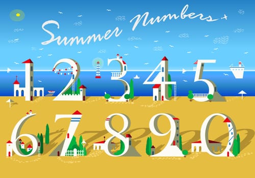 Summer Numbers. Signs are as white houses with red roofs, doors, windows and stairs. Yellow and blue background is as sea and beach. Text with plane in the sky. Illustration