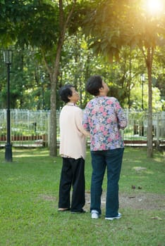 Candid shot of rear view Asian elderly women holding hands and walking at outdoor park in the morning.