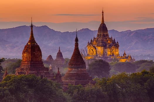 Scenic view of ancient Bagan temple during golden hour