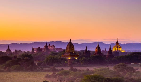 Scenic view of ancient Bagan temple during golden hour